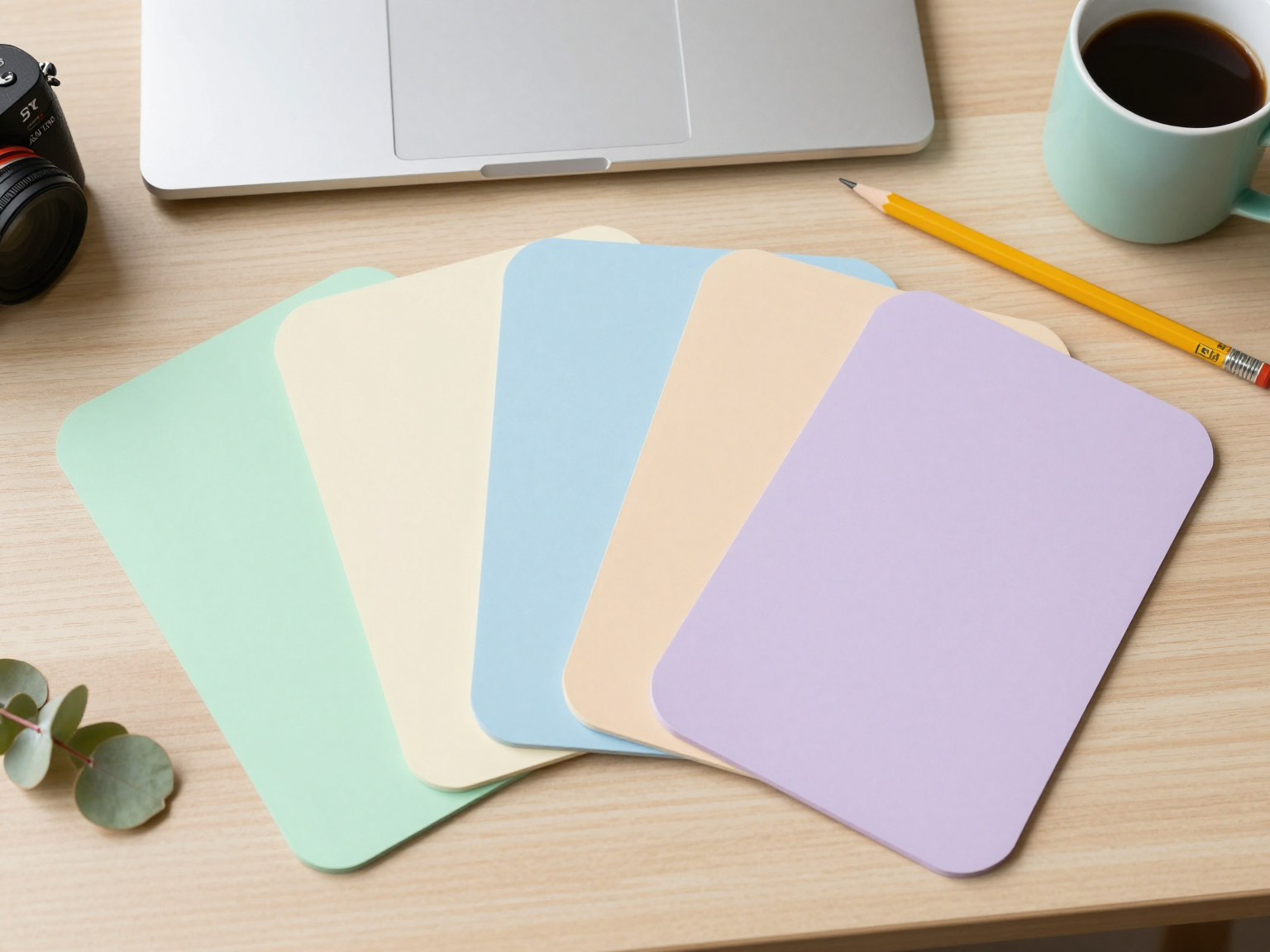 Blank pastel practice exam cards arranged on a medical student's desk