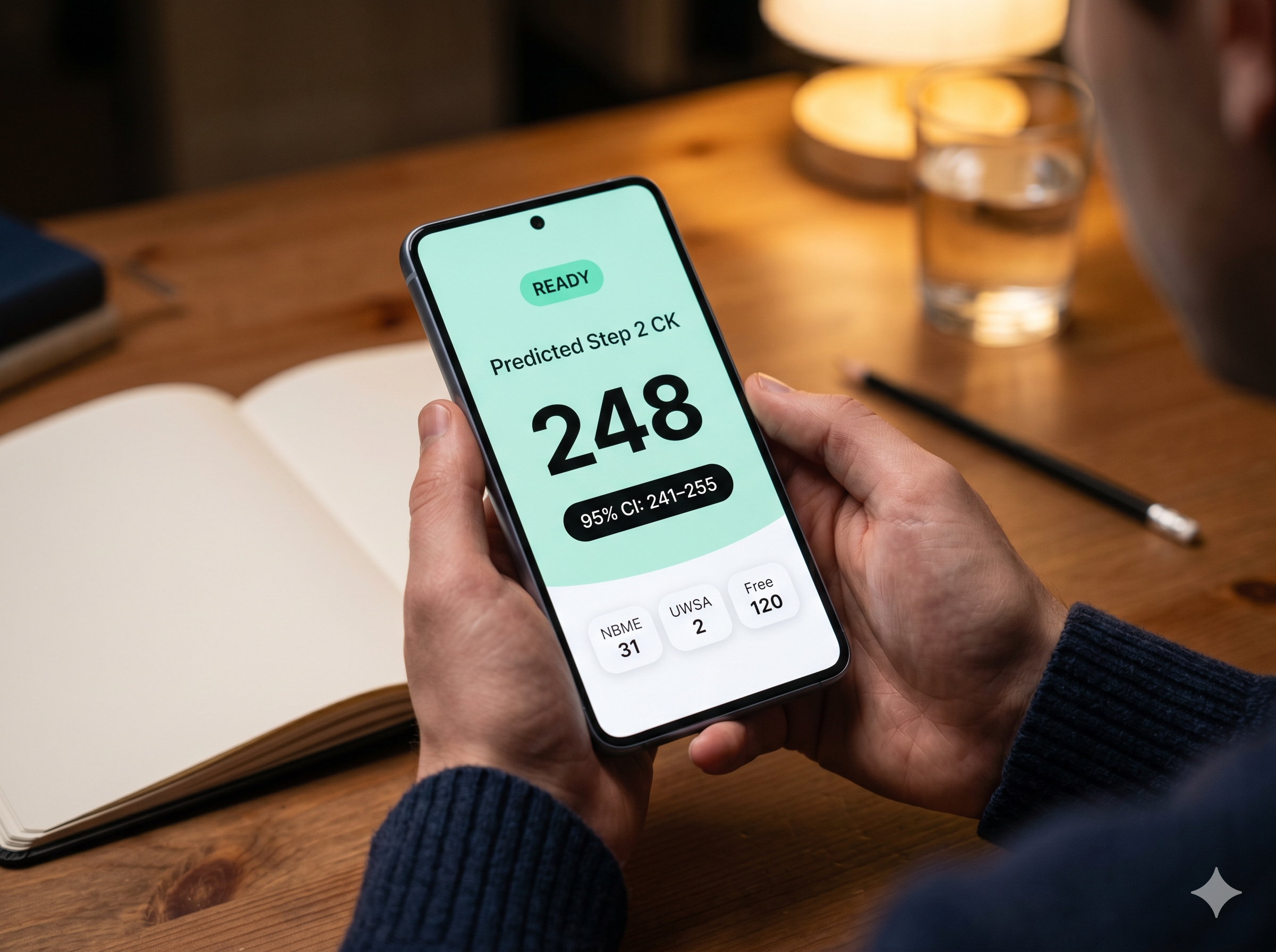 Medical student holding a phone displaying an NBMEcalc score range prediction
