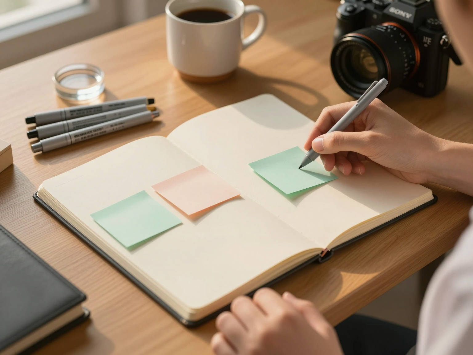 Blank study planner with pastel sticky notes on a warm wooden desk